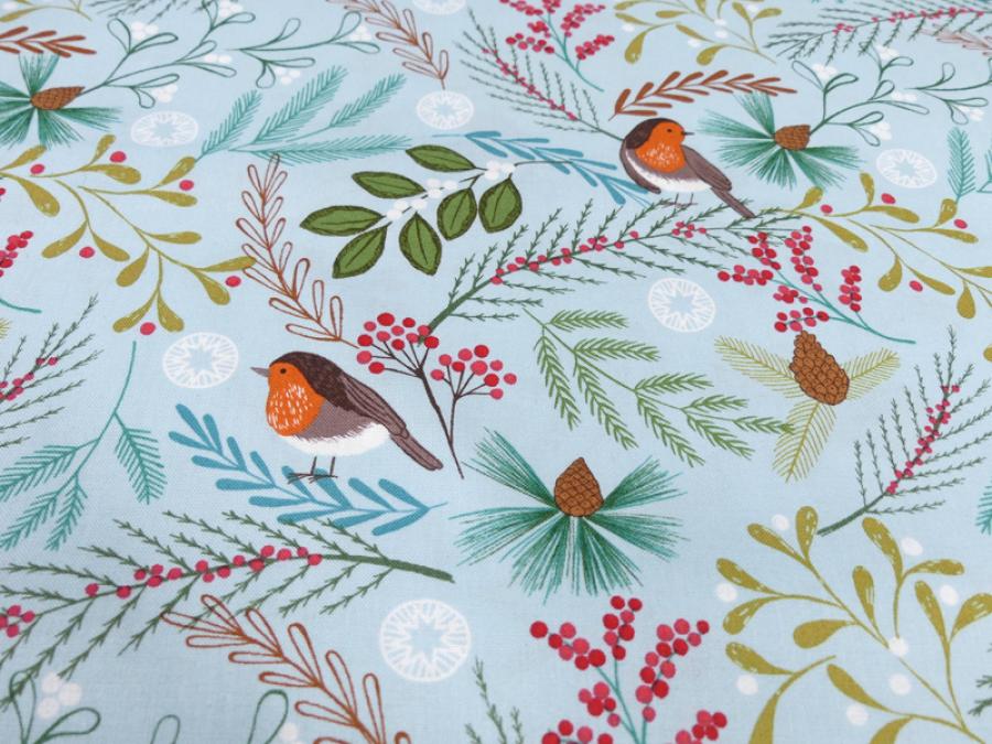 Preview: New Forest Quiltstoff Rotkehlchen blau Nahansicht